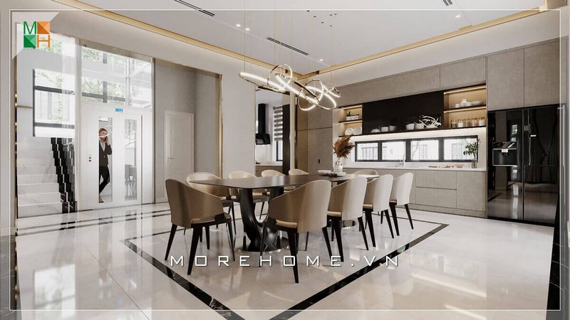 Bộ bàn ăn 10 ghế gỗ tự nhiên với đệm ngồi bọc nỉ màu kem, bàn ăn mặt đá đen cao cấp phù hợp với phong cách hiện đại của các căn hộ, nhà phố, biệt thự.